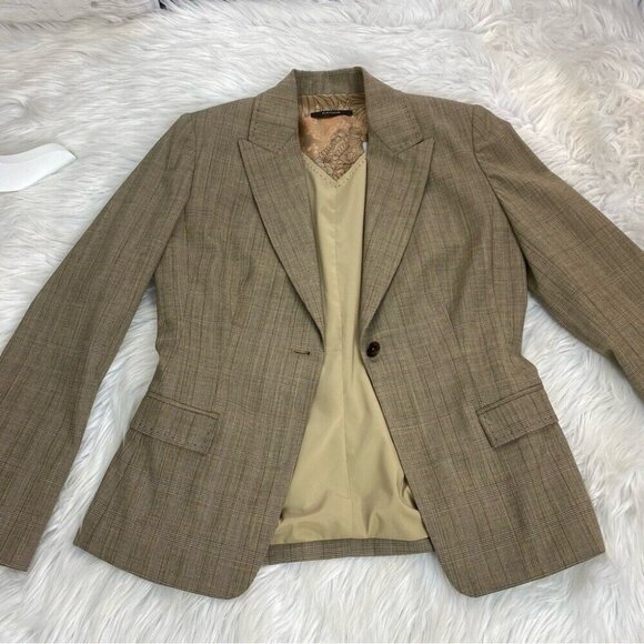 Elie Tahari Women's Tan Coastal Plaid One Button Designer Career Blazer 4/C34 - Picture 4 of 12
